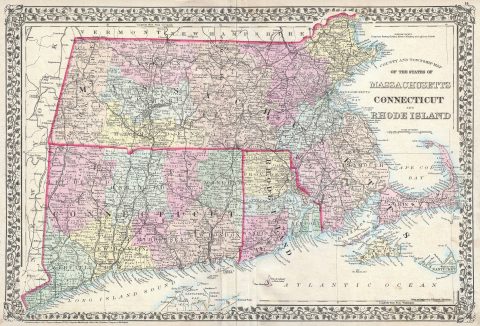 1873 Mitchell Map of Massachusetts,  Connecticut and Rhode Island