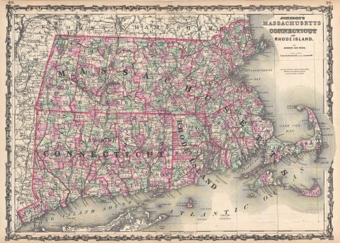 1862 Johnson Map of Massachusetts, Connecticut and Rhode Island