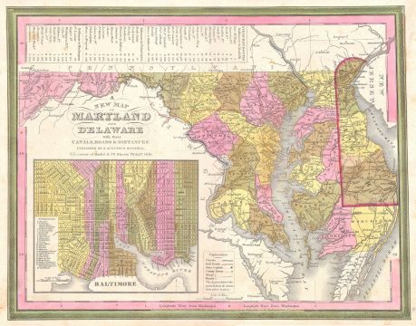 1846 Burroughs / Mitchell Map of Maryland & Delaware w/ Baltimore Inset