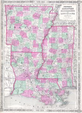 1864 Johnson Map of Louisiana, Mississippi and Arkansas