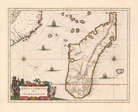 1662 Blaeu Map of Madagascar in Superb Original Color w/ gold leaf