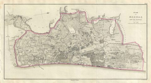1854 Pharoah Map or Plan of the City of Madras or Chennai, India