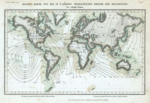 1852 Meyer Map Showing Magnetic Declination over the World
