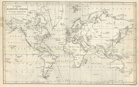 1844 Black Map or Chart of the World showing Magnetic Waves