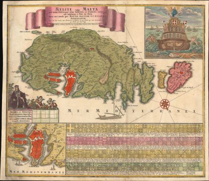 1730 Seutter Map of Malta and Gozo with crests
