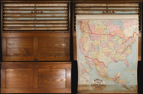 1899 Rand McNally Oak Map Case w/ 8 Wall Maps and Original Key