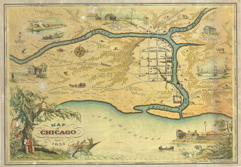 1933 Stelzer and Conley Pictorial Map of Chicago, Illinois (During its Incorporation in 1833)