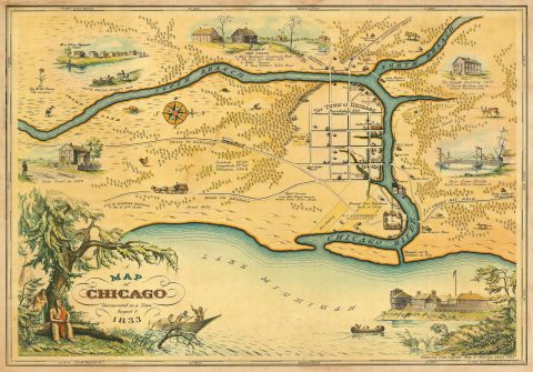 1933 Stelzer and Conley Pictorial Map of Chicago, Illinois (During its Incorporation in 1833)