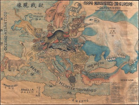 1939 Portuguese and Chinese Manuscript Satirical Map of Europe in 1939 (WWII)