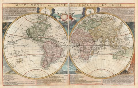 1717 De Fer Map of the World in Hemispheres