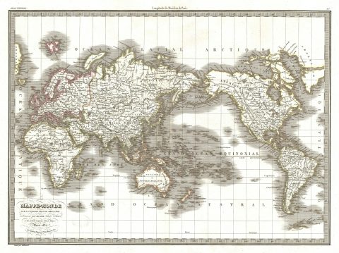 1832 Lapie Map of the World on Mercator Projection