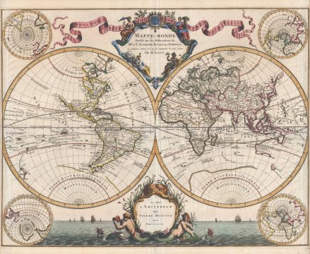 1696 Pierre Mortier and Nicolas Sanson Map of the World in Hemispheres