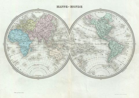 1874 Tardieu Map of the World in Hemispheres
