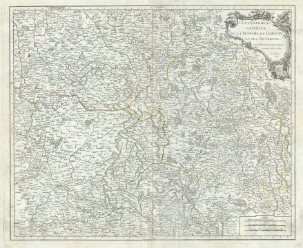 1753 Vaugondy Map of the Limousin, Marche and Auvergne Regions in France