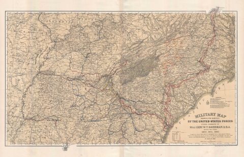 1865 Kossak Map of the Marches of General Sherman during the American Civil War