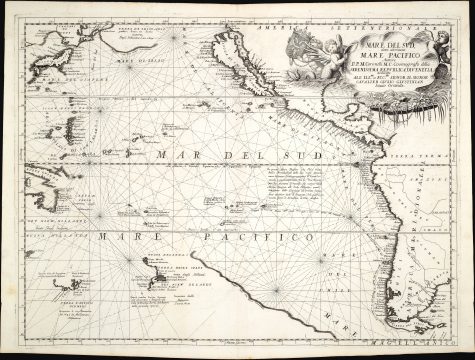 1691 Coronelli Map of the Pacific Ocean w/ California as an Island and Speculative New Zealand