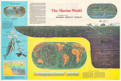 1968 Hammond Infographic Map of the World's Oceans and Marine Exploration
