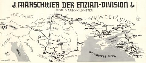 1945 WWII Route Map of the Nazi German 4th Mountain Division in Eastern Europe