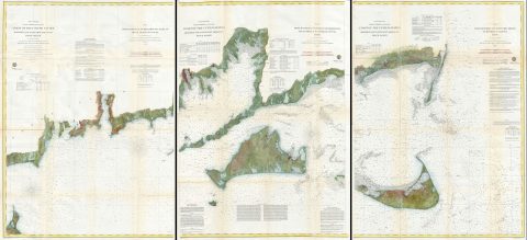 1860 U.S. Coast Survey Map of Block Island, Buzzard Bay, Nantucket and Marthas Vineyard