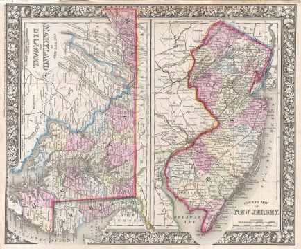 1866 Mitchell Map of New Jersey, Maryland, and Delaware