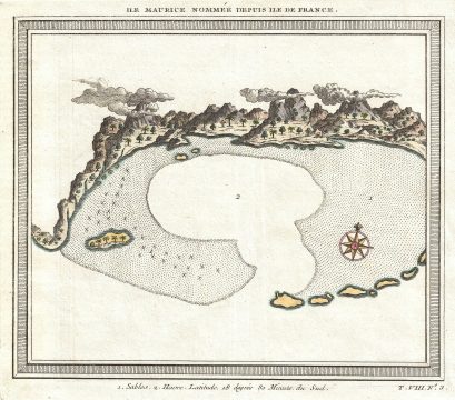 1750 Bellin Map and View of Mauritius