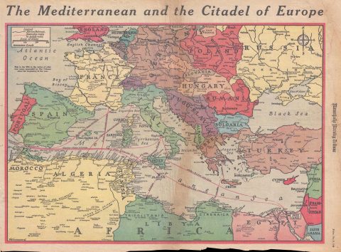 1943 Minneapolis Morning Tribune Map of Europe and the Mediterranean