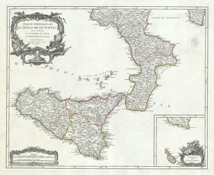 1750 Vaugondy Map of Southern Naples and Sicily, Italy