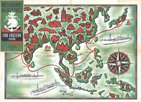 1954 Jacques Branger Pictorial Map of Asia (Messageries Maritimes)