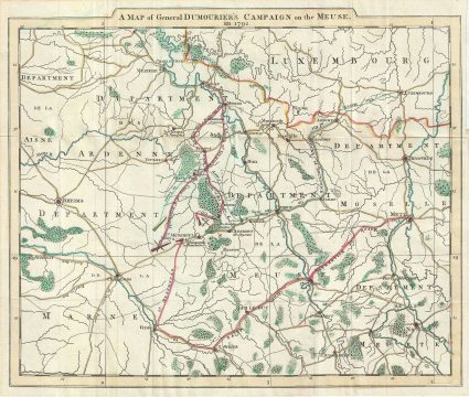 1797 Moore Map of Meuse, France (Brie Cheese) General Dumourier's Campaign