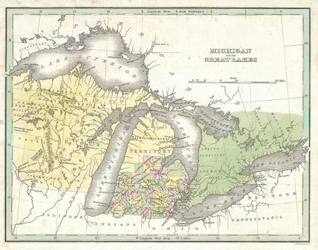 1835 Bradford Map of Michigan, Wisconsin and the Great Lakes