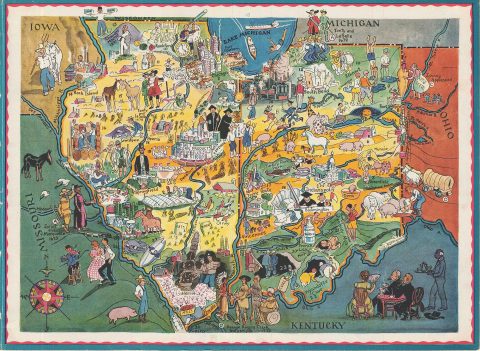 1950 Schoolbook Pictorial Map of Illinois and Indiana