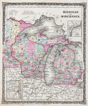 1858 Colton Map of Michigan and Wisconsin