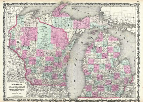 1863 Johnson Map of Michigan and Wisconsin