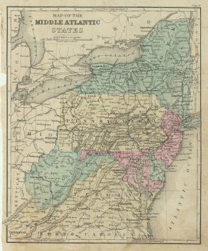 1879 Warren Map of the Mid Atlantic States: NY, NJ, Pennsylvania, Virginia, W Virginia, Maryland, De