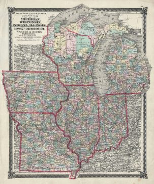 1875 Beers Map of the Midwest (Wisconsin, Iowa, Missouri, Illinois, Indiana, Michigan)