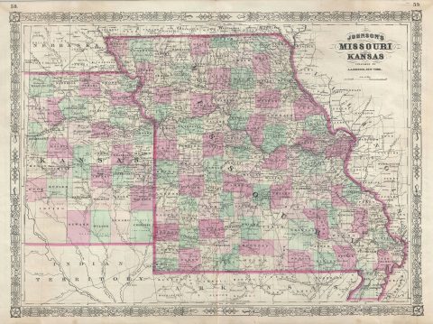 1866 Johnson Map of Missouri and Kansas