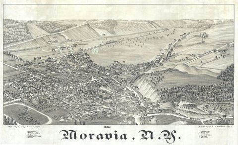 1885 Burleigh Bird's-Eye View Map of Moravia, New York