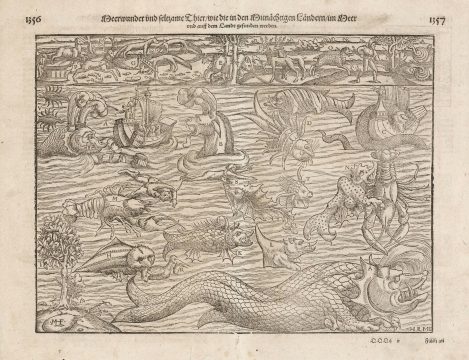 1614 Munster Map of Sea Monsters and Fantastical Beasts