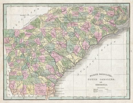 1835 Bradford Map of North Carolina, South Carolina and Georgia