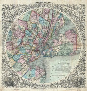 1846 / 1878 Colton Map of New York City and Vicinity (33 Miles Around)