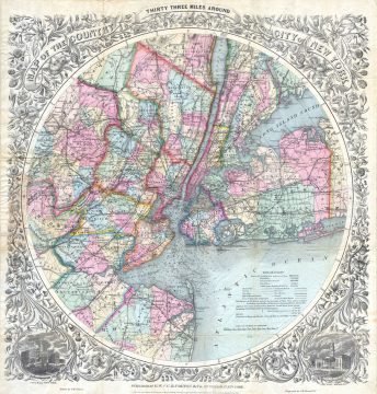 1846 / 1879 Colton Map of New York City & Vicinity (33 Miles Around)