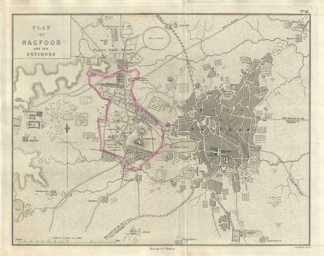 1854 Pharoah Map or Plan of the city of Nagpur, India
