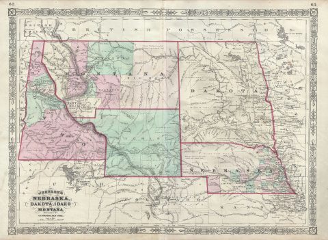 1866 Johnson Map of Montana, Wyoming, Idaho, Nebraska and Dakota