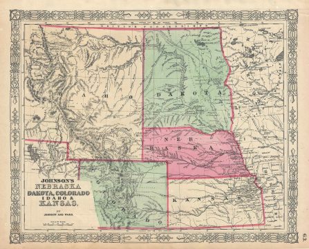 1866 Johnson Map of Nebraska, Dakota, Colorado, Idaho and Kansas