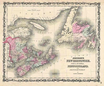 1861 Johnson Map of New Brunswick, Nova Scotia and Newfoundland, Canada