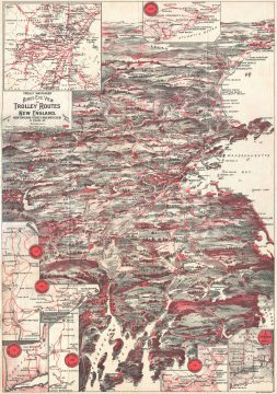 1908 Walker Trolley Map and View of New England centered on Boston