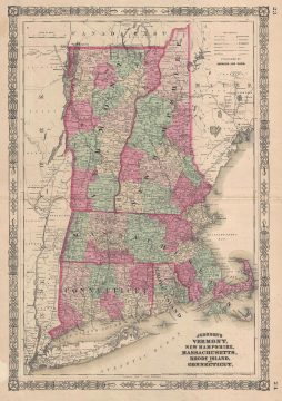 1865 Johnson Map of New England: Maine, Vermont, New Hampshire, Massachusetts