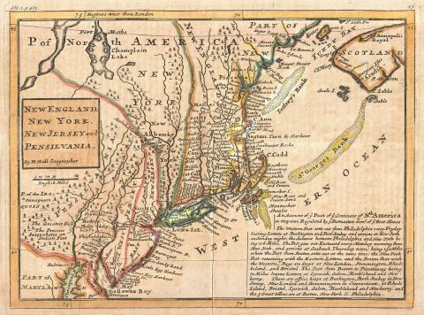 1729 Moll Map of New York, New England, and  Pennsylvania (First Postal Map of New England)