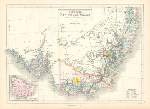 1853 Black Map of New South Wales and Victoria, Australia with Gold Deposits