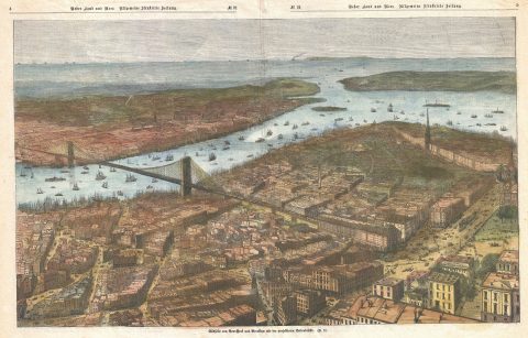 1883 German Map View of Lower Manhattan, the Brooklyn Bridge, and Brooklyn